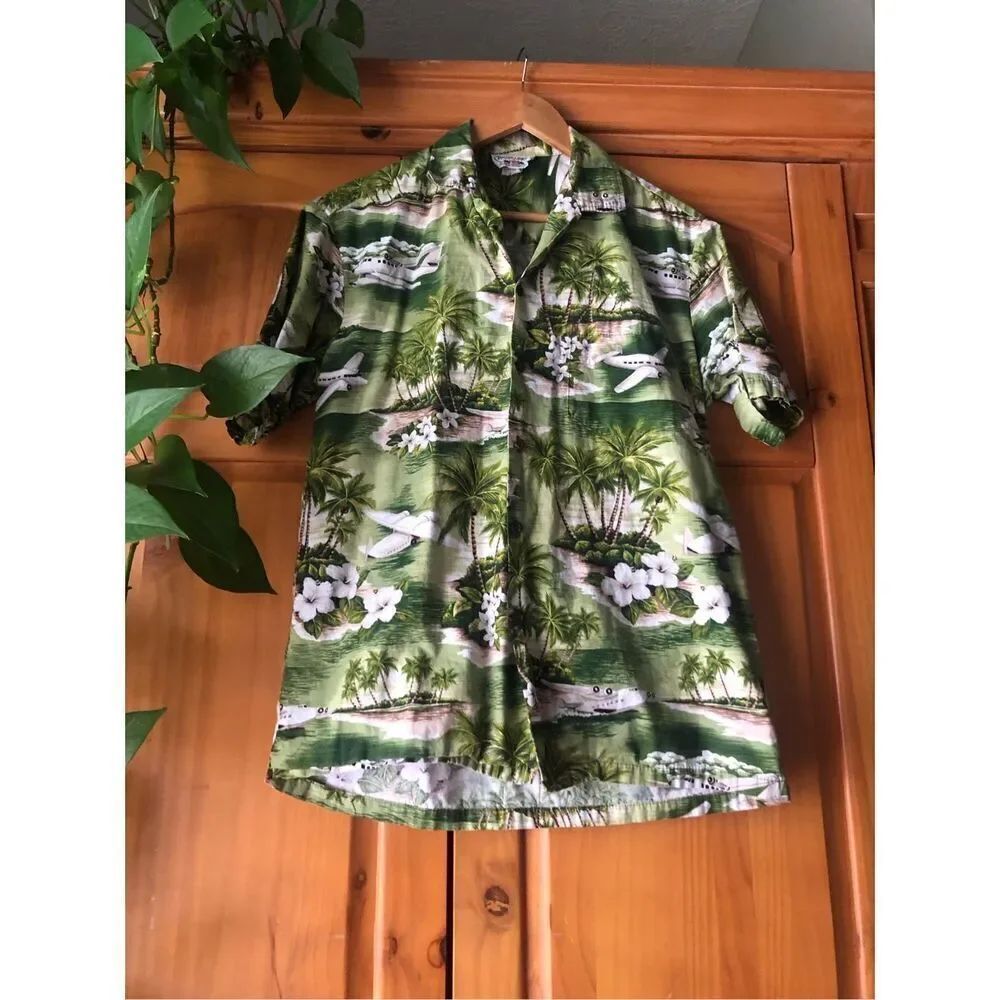 Vintage 90s Pacific Legend Airplanes & Palm Trees Hawaiian Shirt Size L